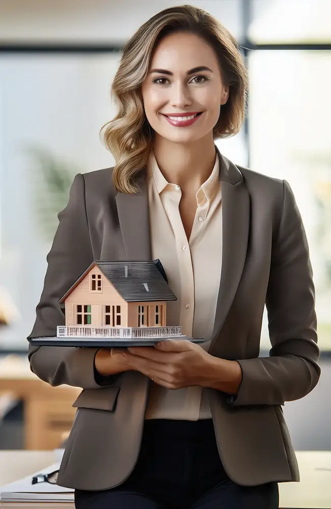 Image of a teacher holding a house model.