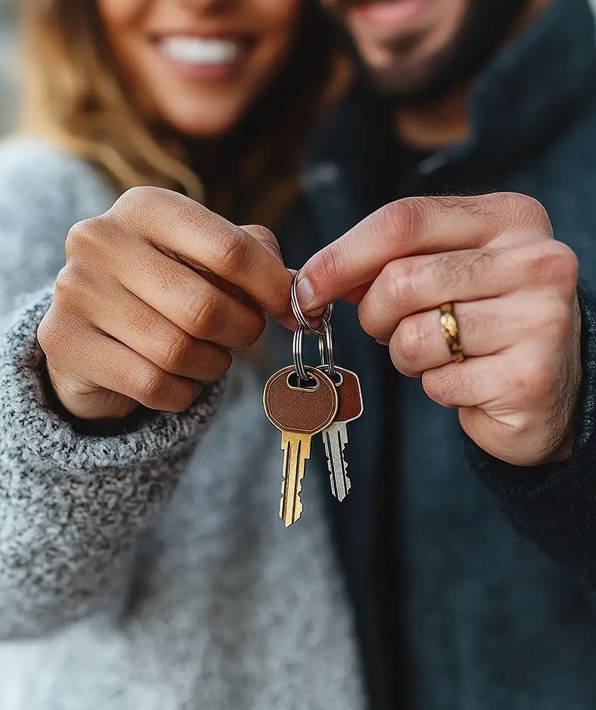 Photo of couple holding house keys.