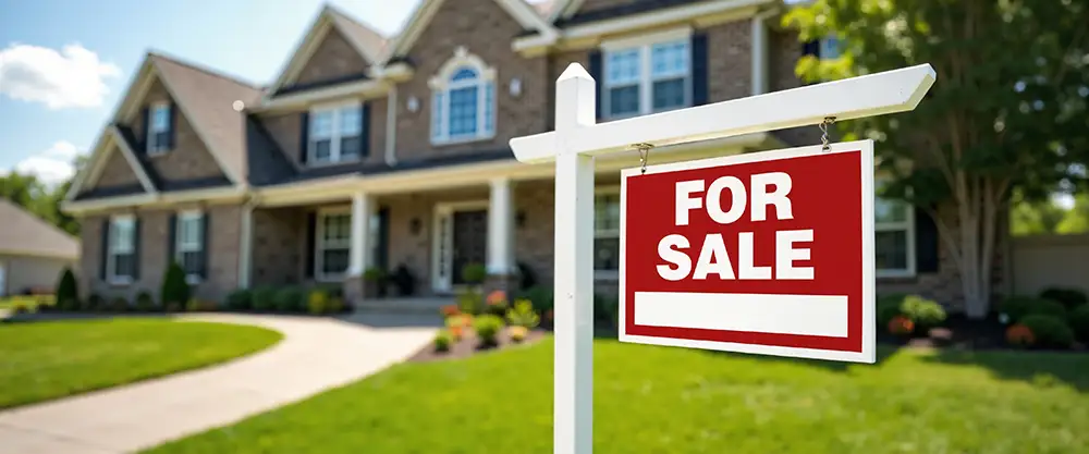 Photo of a house with a for sale sign in front.