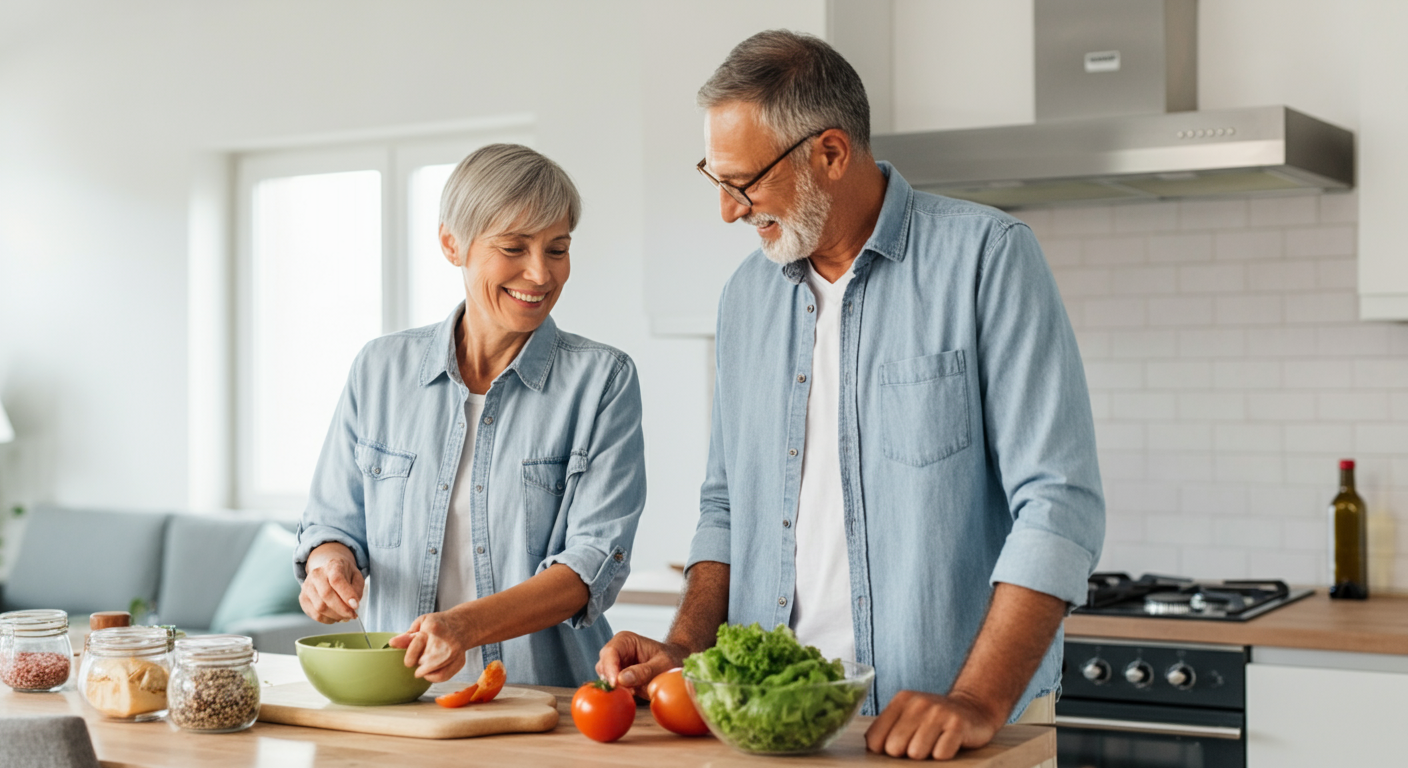 Photo of a couple in the kitchen preparing food.