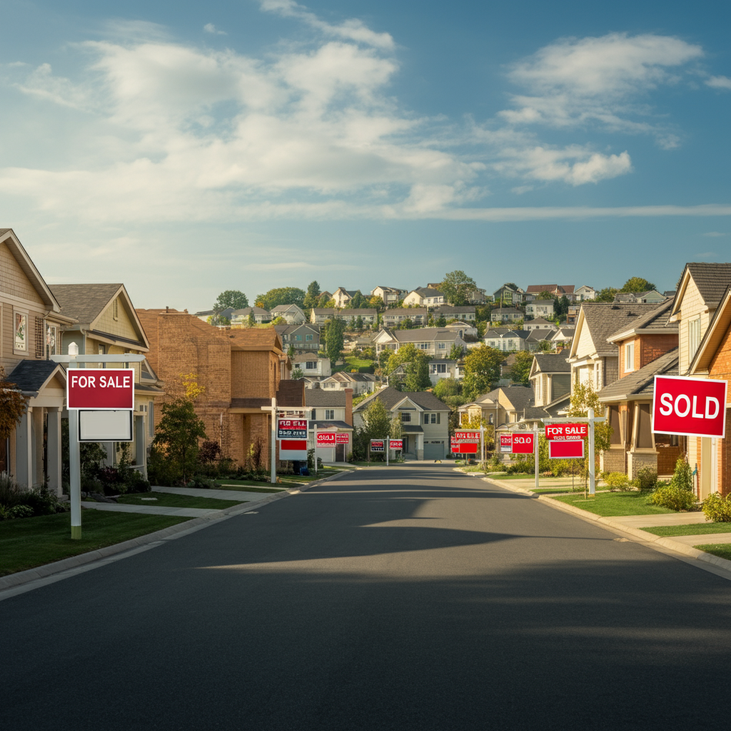 image of a street of houses with for sale and sold signs in the front yards.