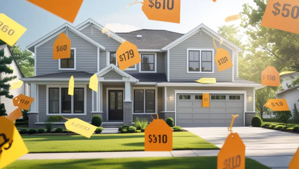 Photo of a home with different price tags floating around it.