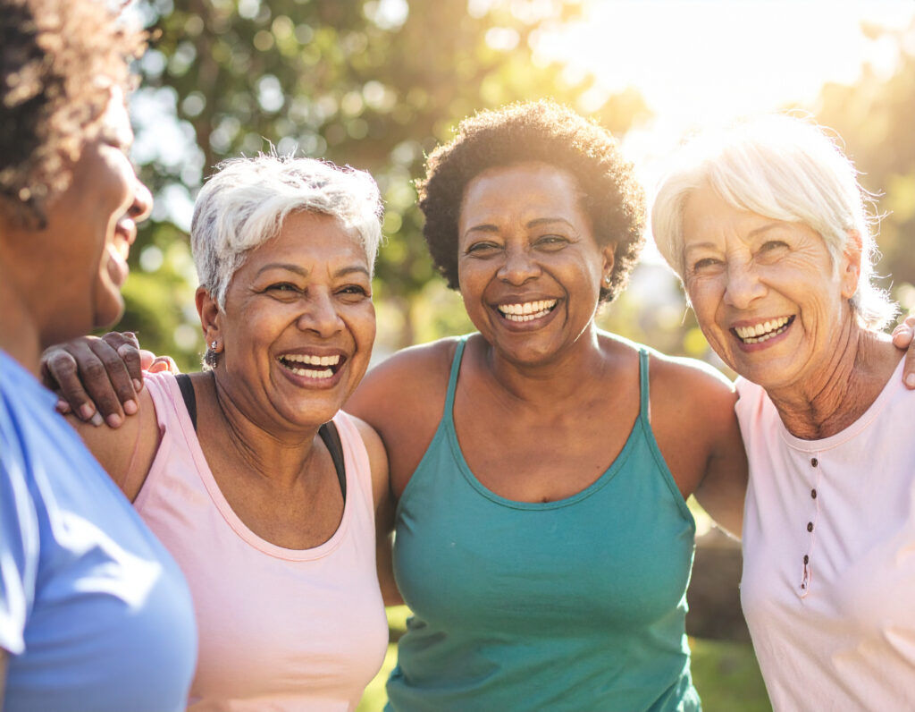 a group of women embracing each other in an outdoor activity setting.