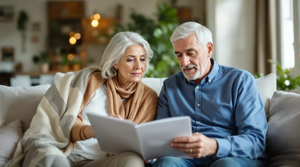 Older couple looking over information about home downsizing options.