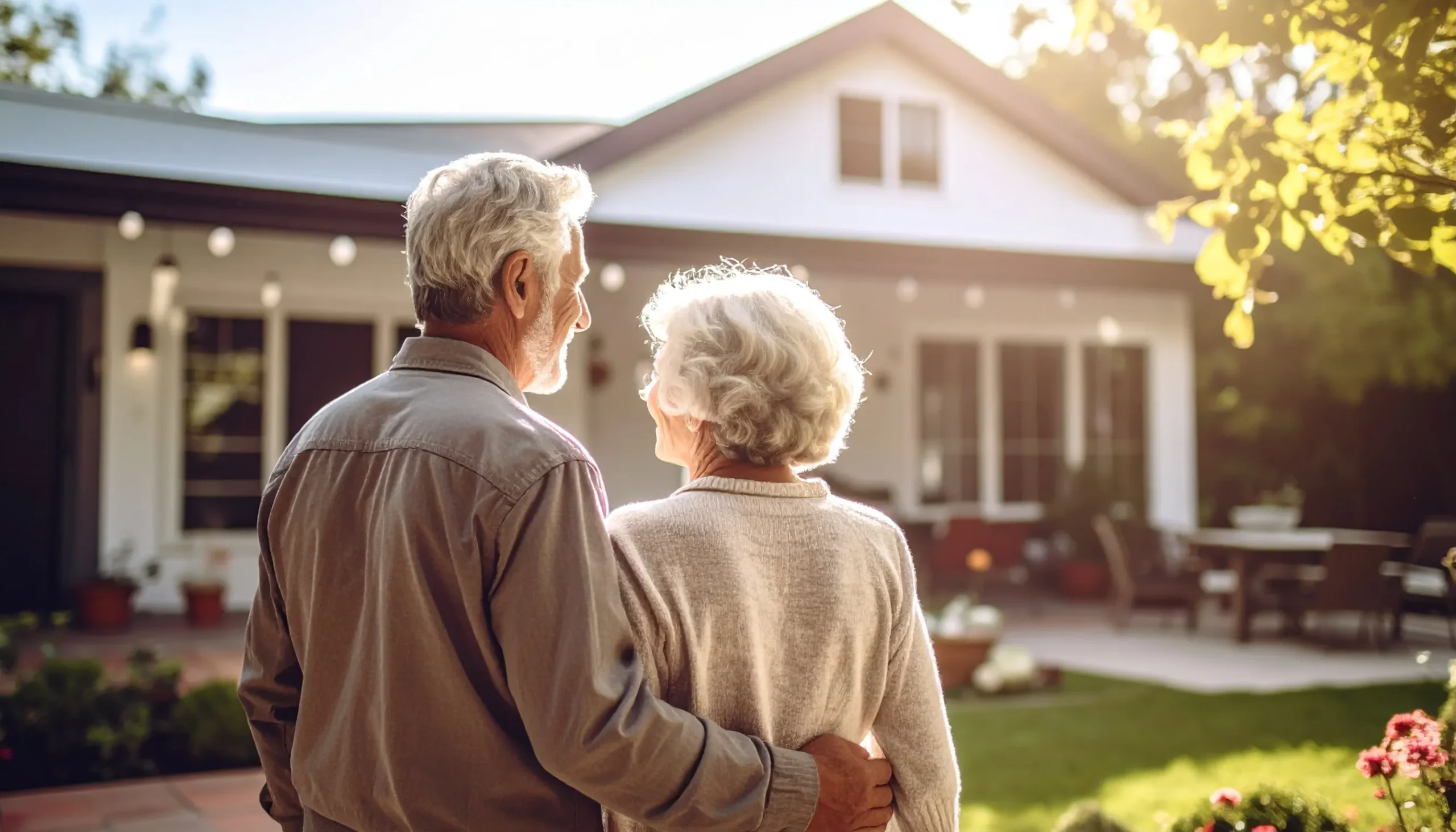 an image of an older couple looking at a house.
